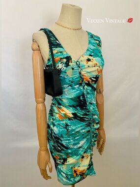 VINTAGE Y2K WATERCOLOR ASYMMETRICAL BRAIDED CINCH BODYCON MINIDRESS IN TEAL